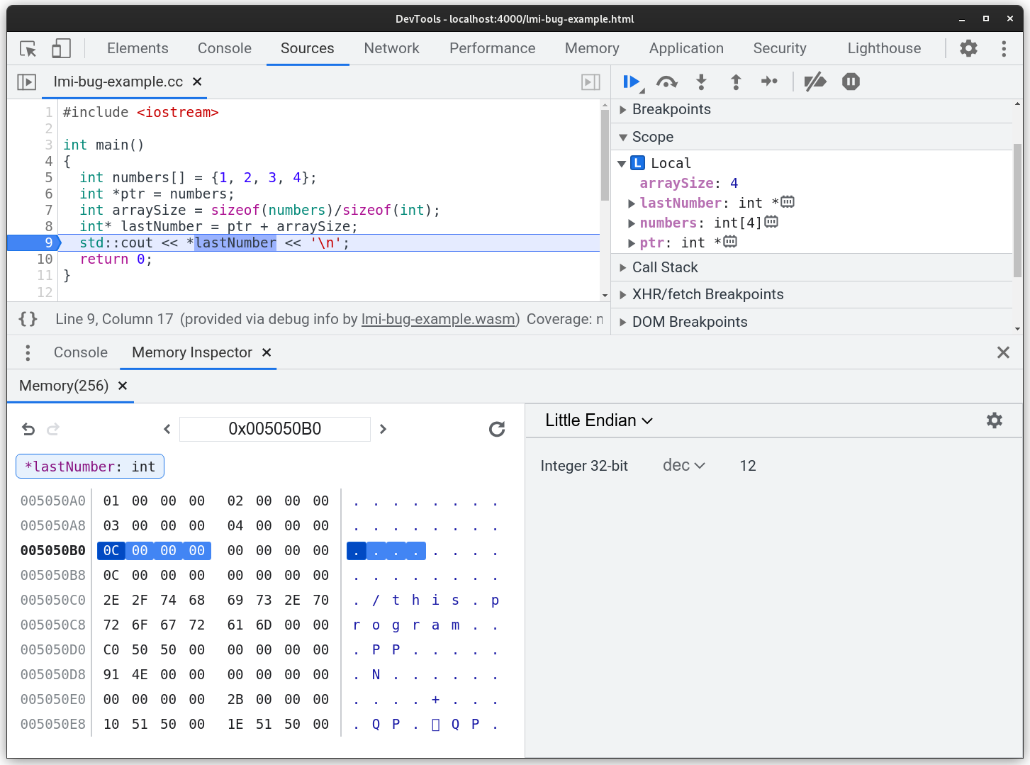 開いたメモリ インスペクタのスクリーンショット。「lastNumber」という名前のポインタが指すメモリがハイライト表示されています。ハイライト表示されたメモリは、以前にハイライト表示された配列の最後のバイトの直後にあります。