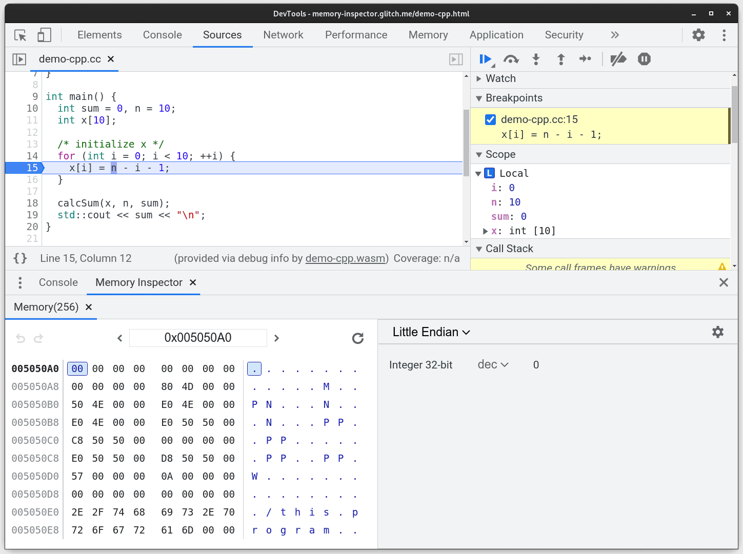 Screenshot des ursprünglichen Speicherprüfprogramms mit einem einzelnen markierten Byte