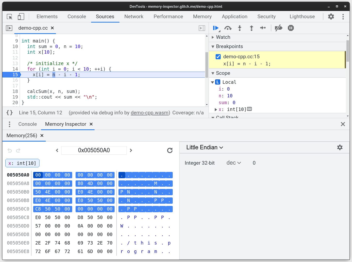 Screenshot pemeriksa memori yang diperbarui dengan array yang ditandai dengan jelas