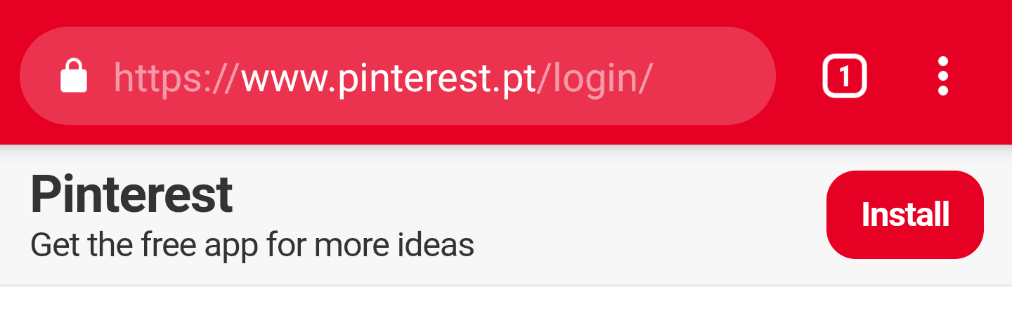 インストール バナーを使用して PWA のインストールを促す Pinterest の例。