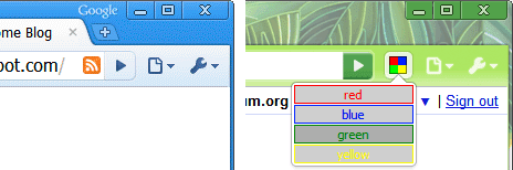 פעולה בדף (מימין) מופיעה בסרגל הכתובות, שמציינת שהתוסף יכול לבצע פעולה כלשהי בדף הזה. פעולה בדפדפן (בצד ימין) תמיד גלויה.
