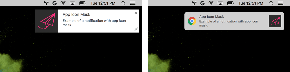 chrome.notification API 中 appIconMarkUrl 的使用前后对比。