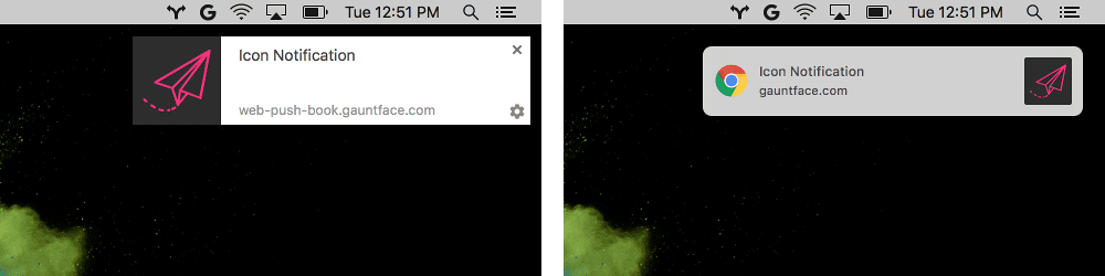 Los íconos de notificaciones antes y después de Chrome en Mac que muestra Chrome en comparación con los que muestra
    macOS.