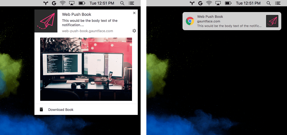 macOS 上 Chrome 的前后对比通知图片。