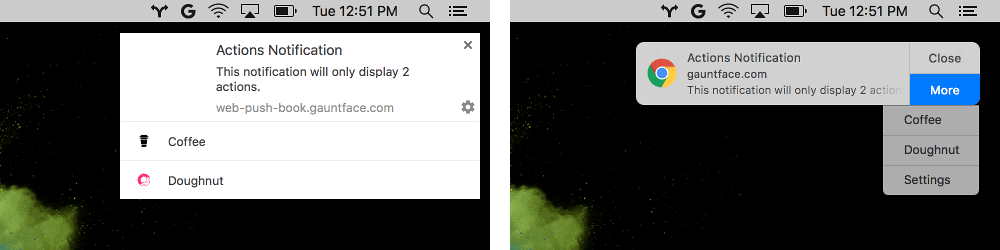 ক্রোম দ্বারা প্রদর্শিত আইকন সহ নোটিফিকেশন অ্যাকশন বোতামের আগে এবং পরে ম্যাকওএস দ্বারা প্রদর্শিত।