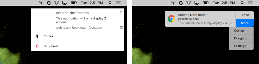 Chrome에서 표시하는 아이콘과 macOS에서 표시되는 아이콘이 있는 알림 작업 버튼의 전후 비교