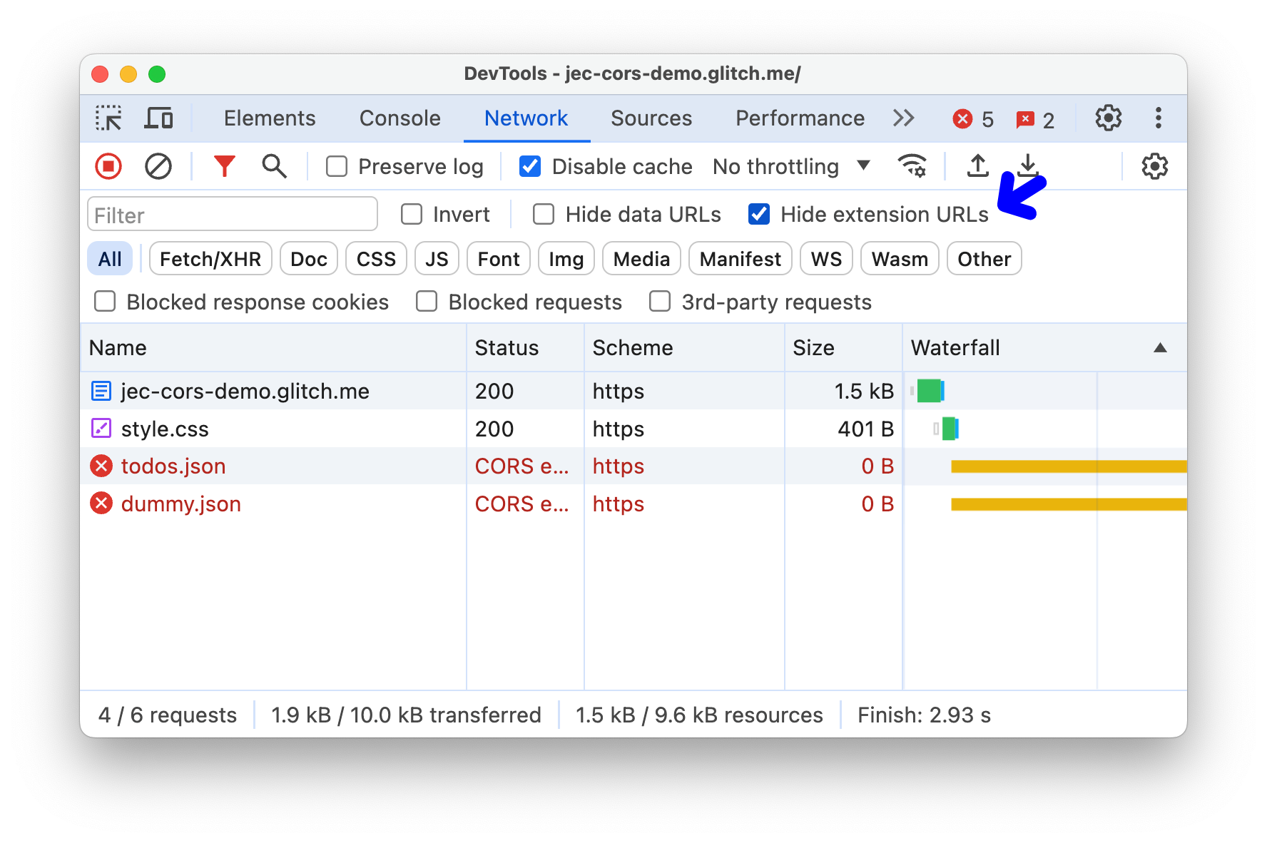 ネットワーク リクエストが非表示になっている。