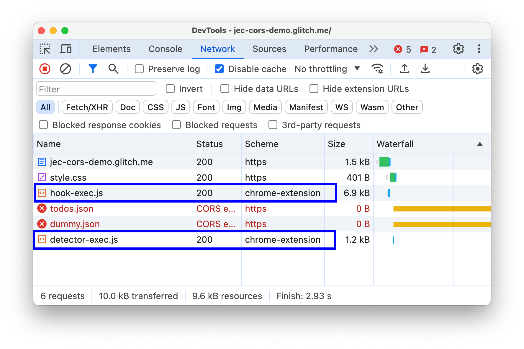 Netzwerkanfragen werden zusammen mit Anfragen von der Website im Steuerfeld angezeigt.