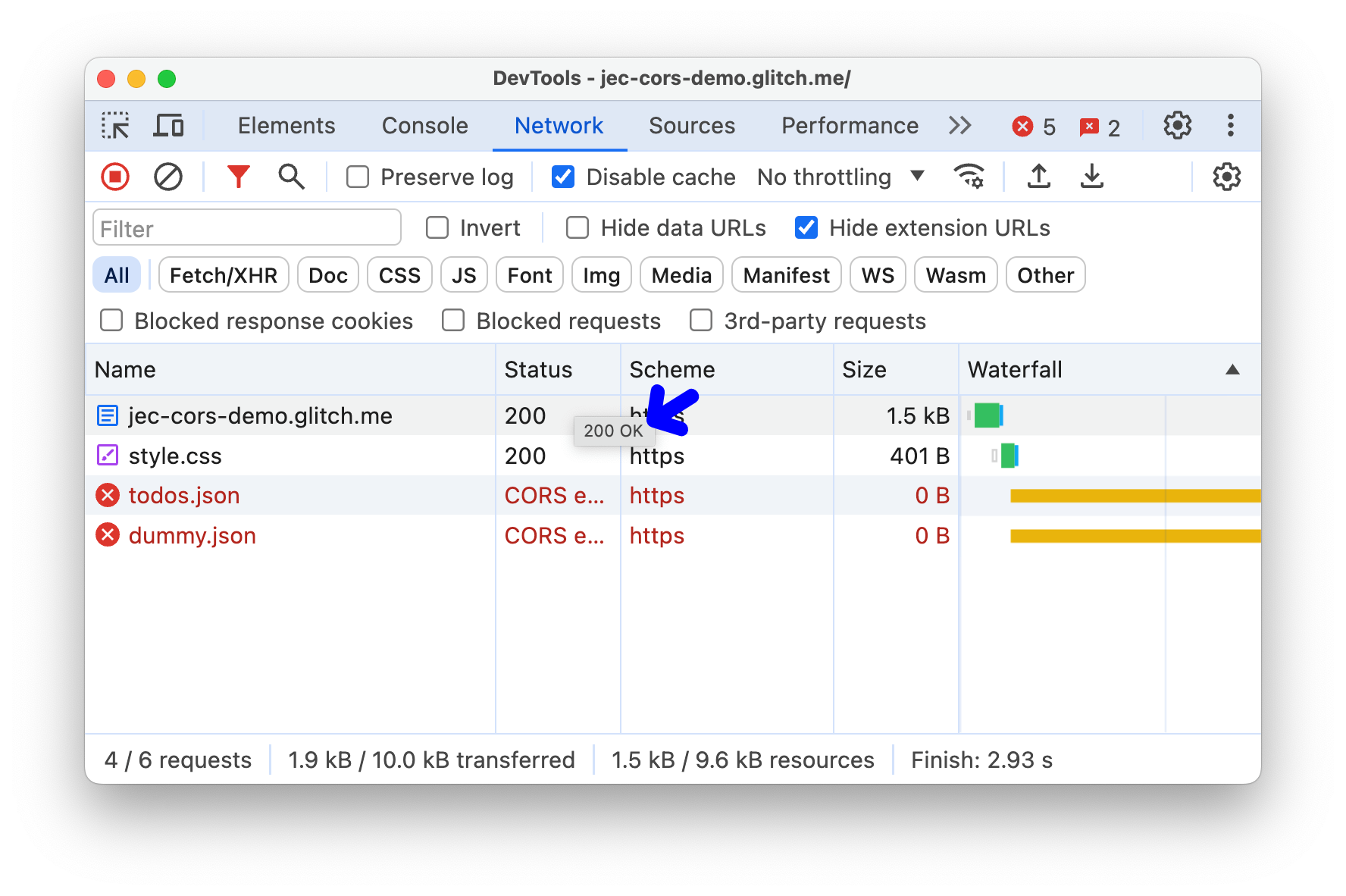 ステータス コードにポインタを合わせると表示されるツールチップ。