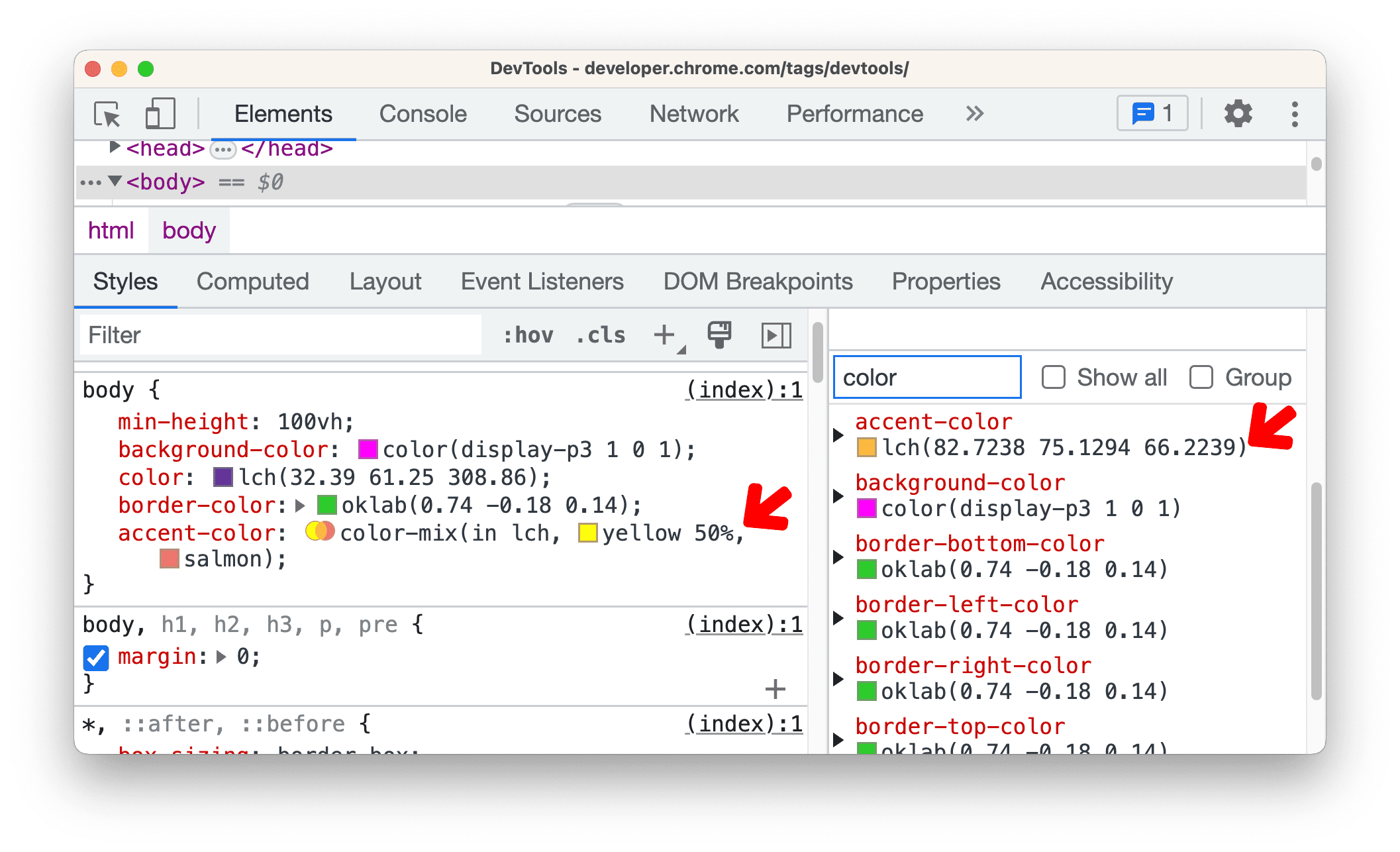 計算ペインに color-mix の結果が表示されます。