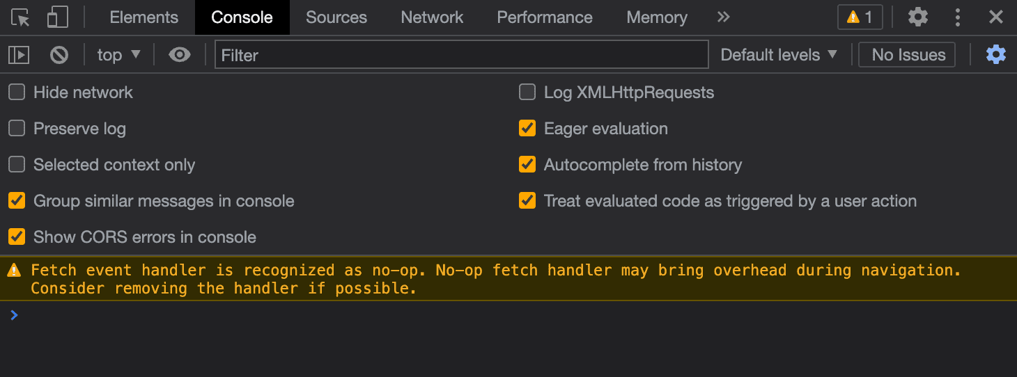 DevTools에서 빈 서비스 워커 가져오기 핸들러에 대한 경고