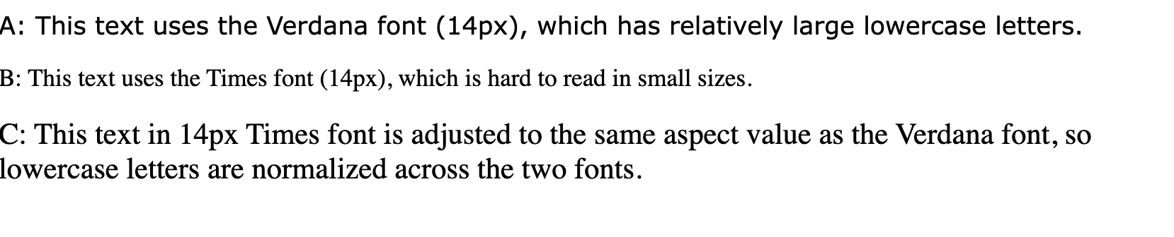 「このテキストでは、比較的大きな小文字を使用している Verdana フォント（14 px）を使用しています」、「このテキストでは、小さいサイズでは読みにくい Times フォント（14 px）を使用しています」、「このテキストの 14 px Times フォントは、Verdana フォントと同じアスペクト値に調整されているため、小文字は 2 つのフォントで正規化されています