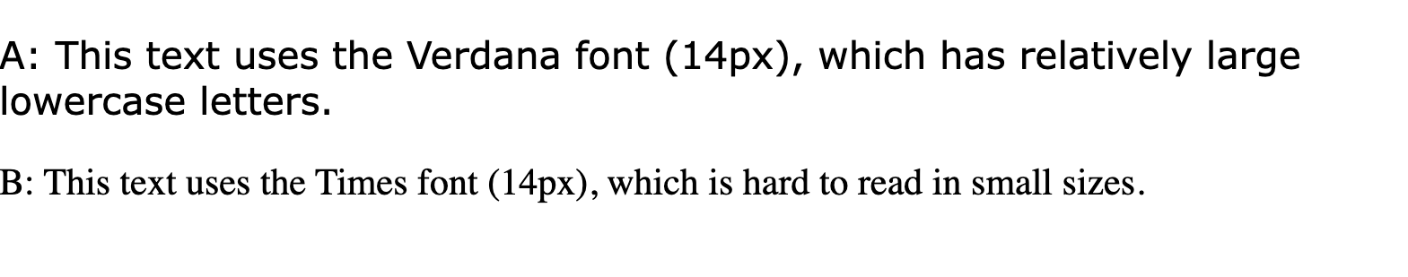 Baris teks yang bertuliskan: &#39;Teks ini menggunakan font Peringatan (14 px), yang memiliki huruf kecil yang relatif besar&#39; dan &#39;Ini menggunakan font Times (14 px), yang sulit dibaca dalam ukuran kecil&#39; 