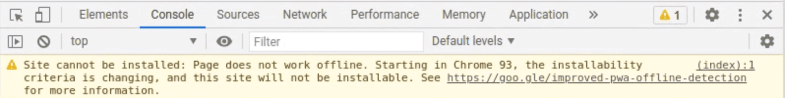 DevTools menampilkan pesan peringatan di Console.