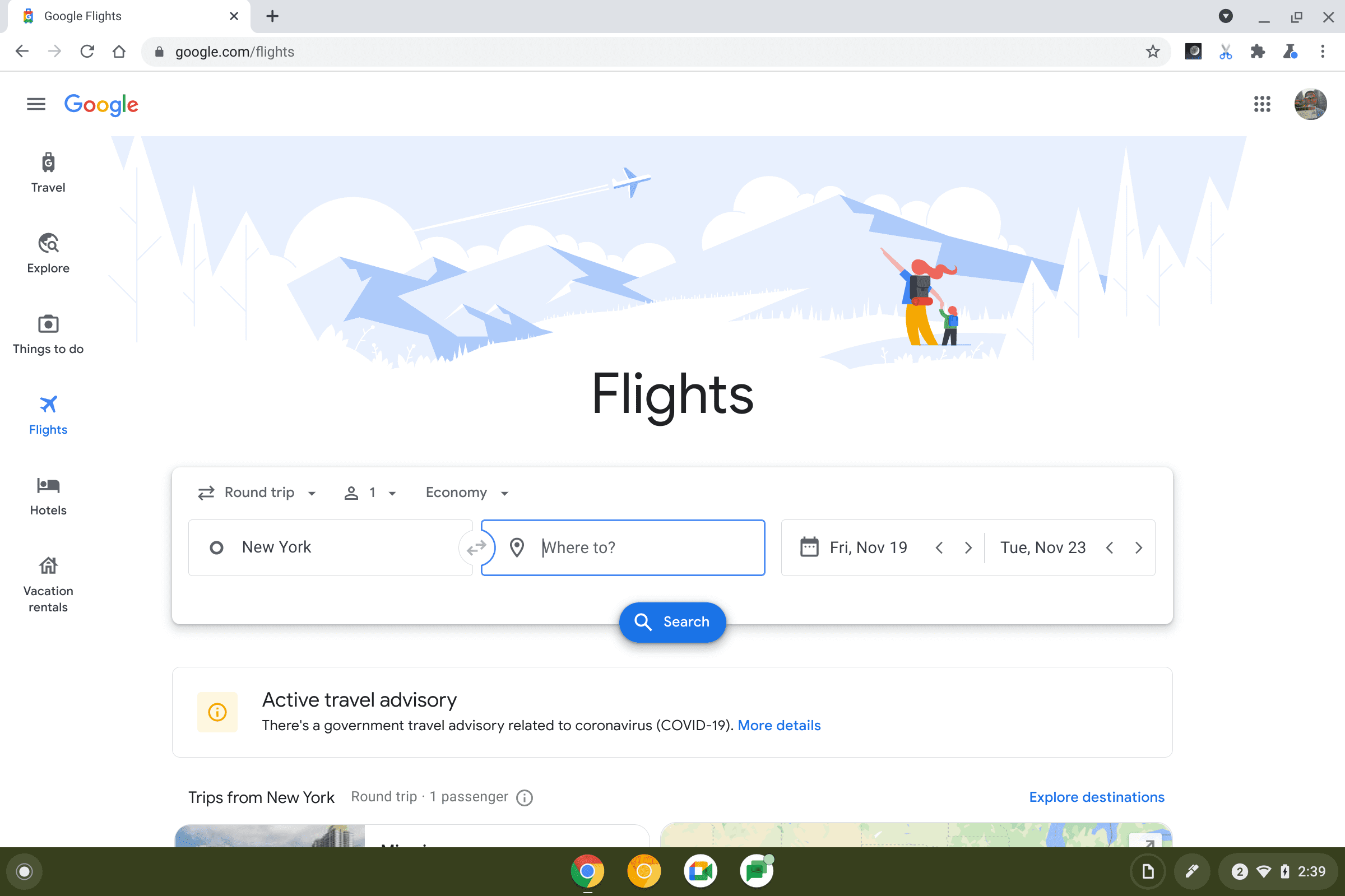 बड़ी बैकग्राउंड इमेज के साथ Google Flights का स्क्रीनशॉट