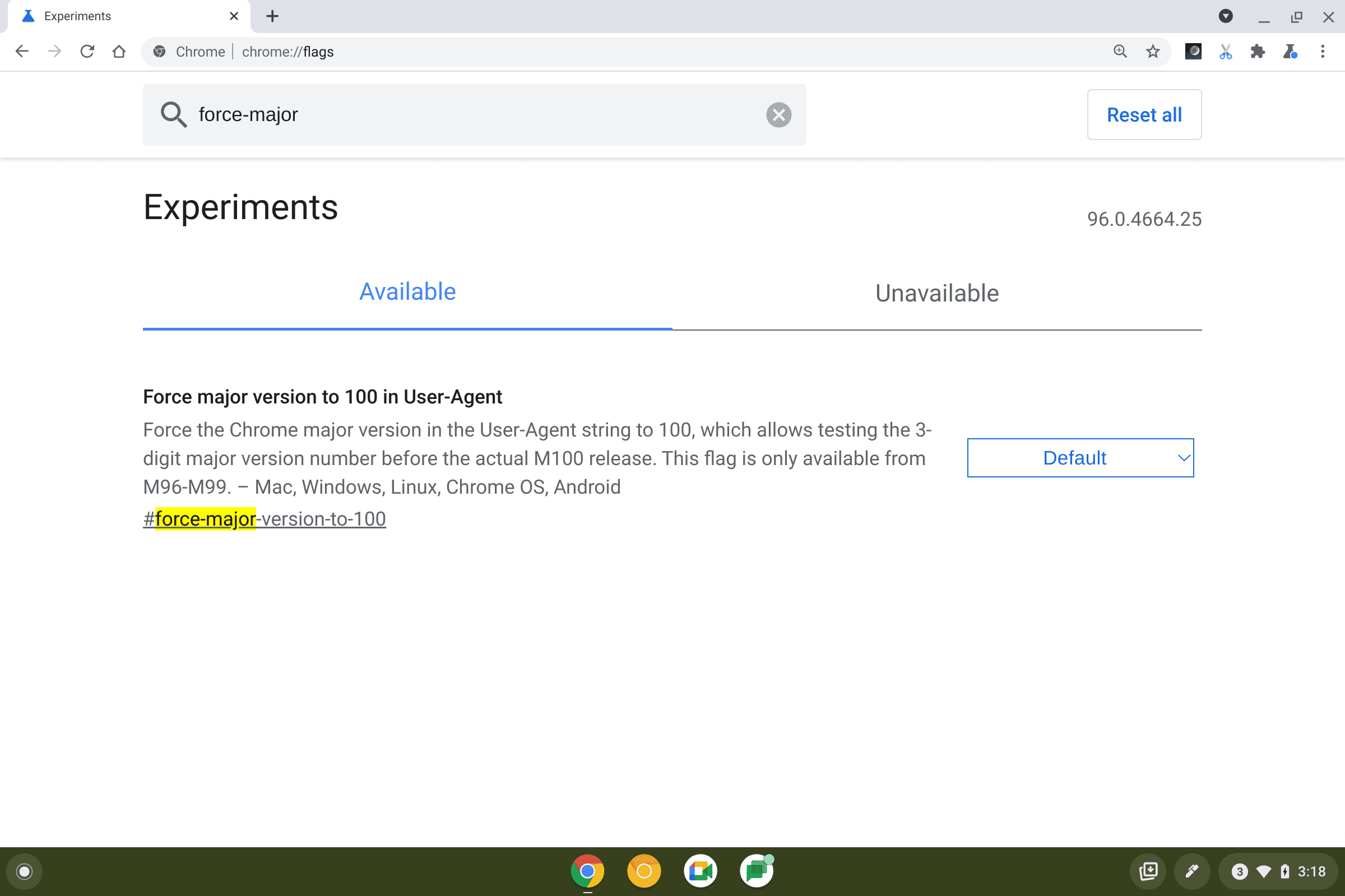 Página de funciones experimentales de Chrome en la que se destaca la nueva opción #force-major-version-to-100