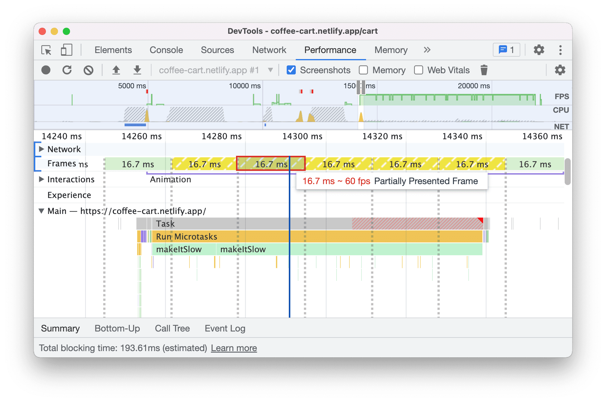 Partially presented frames in the Performance panel