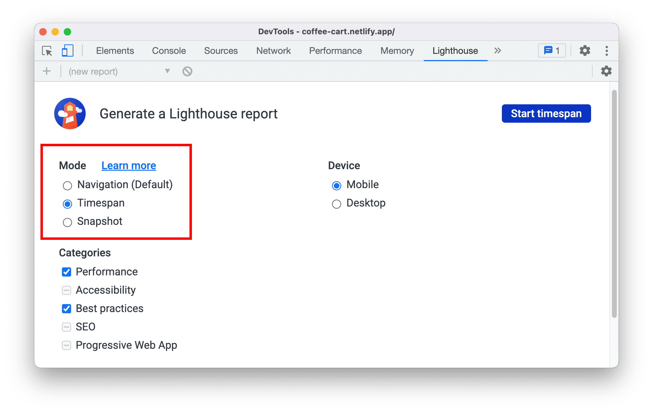 Mode rentang waktu dan snapshot baru di panel Lighthouse