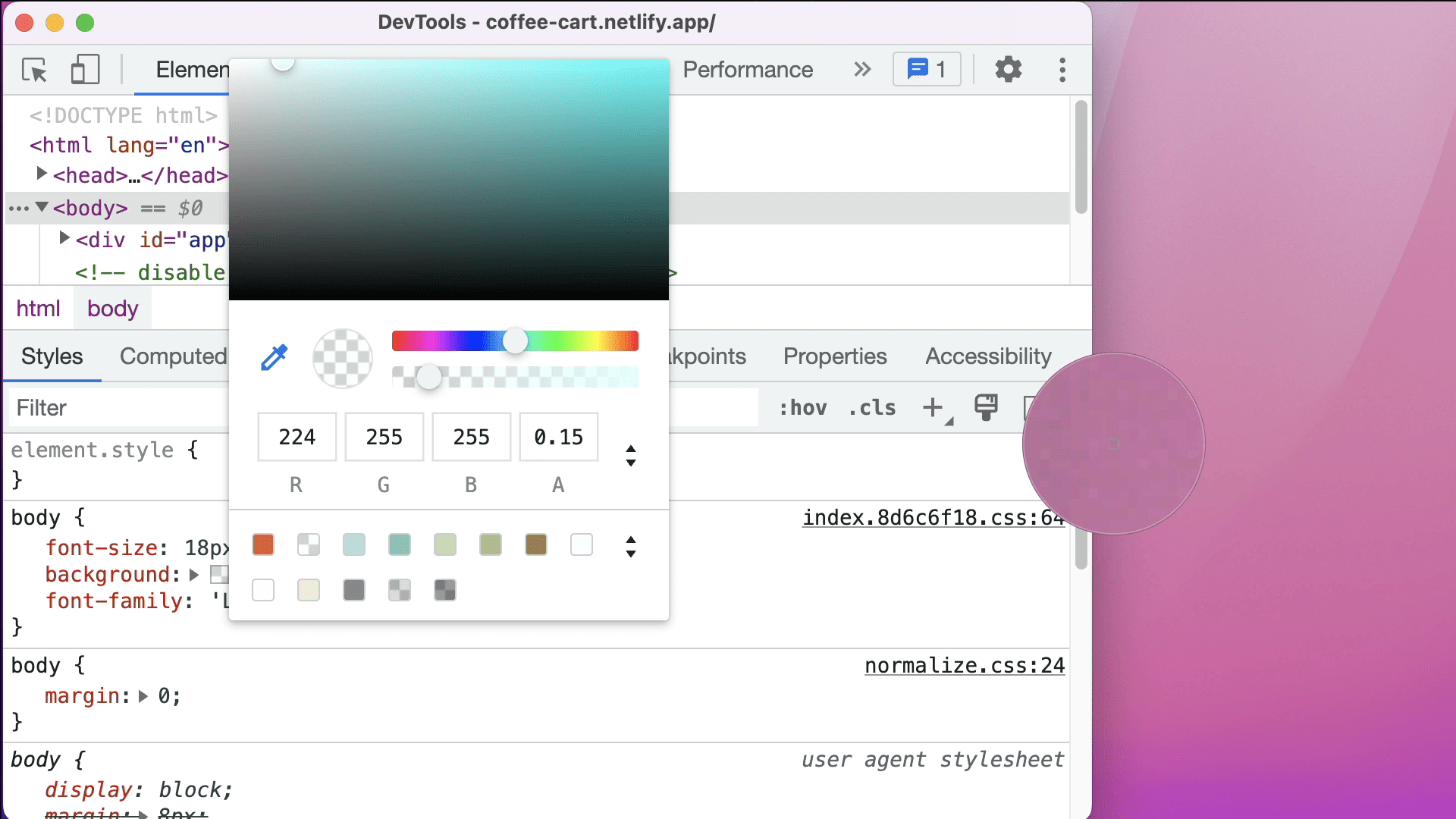 Auswählen einer Farbe außerhalb des Browsers