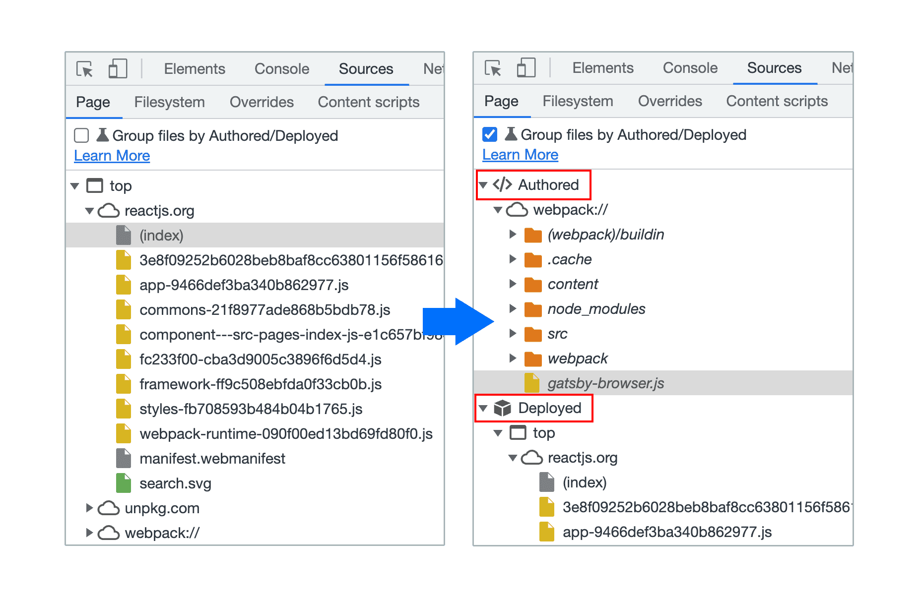 Mengelompokkan file menurut status Ditulis / Di-deploy di panel Sumber