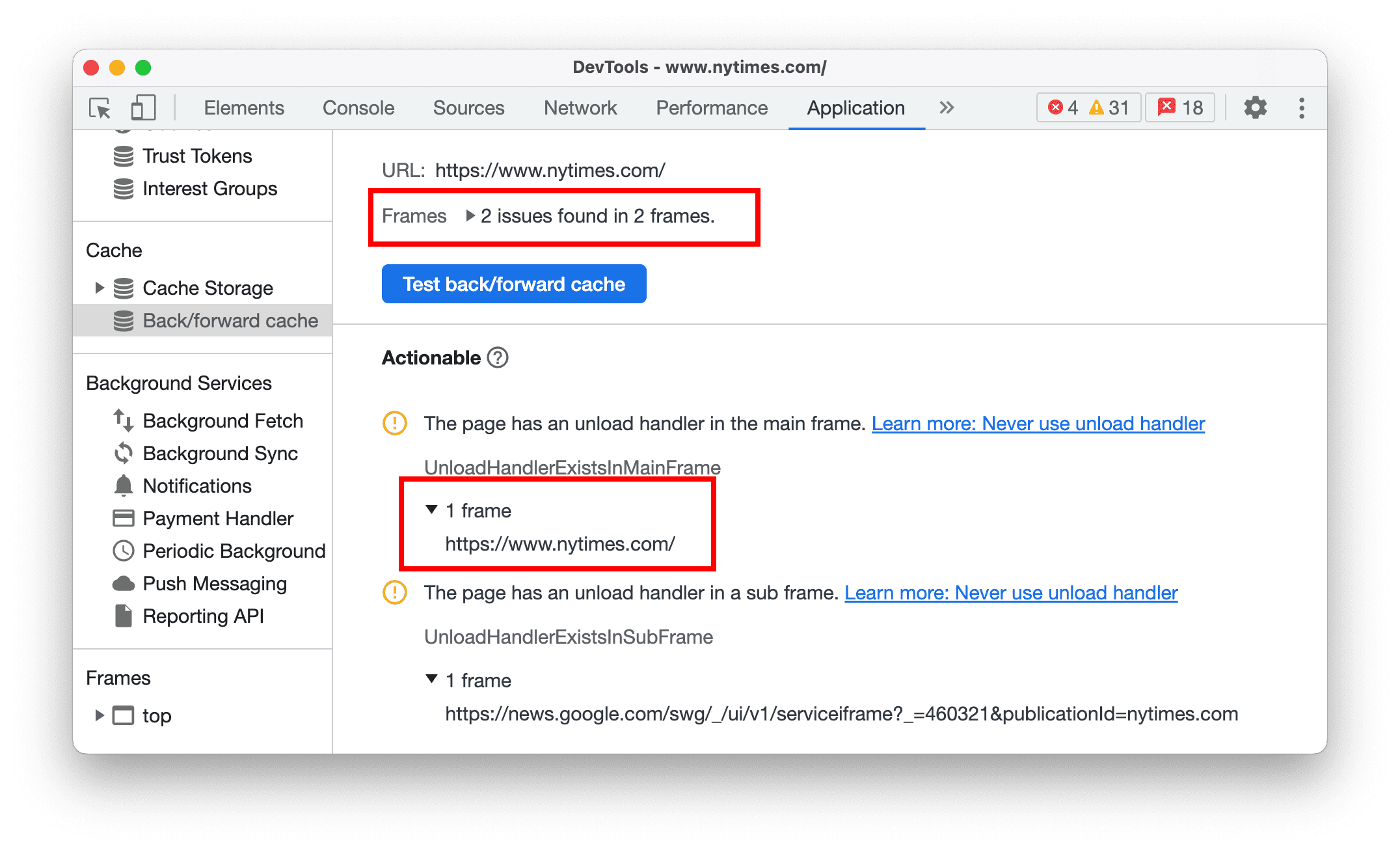 Identificar frames de bloqueio no painel &quot;Cache de avanço e retorno&quot;