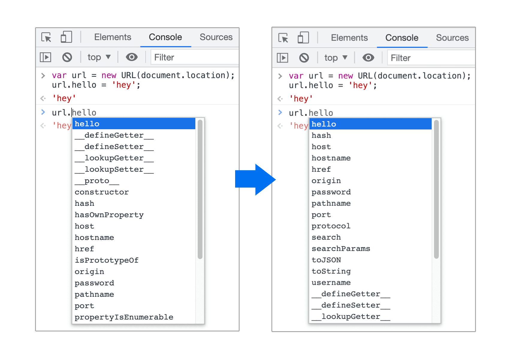 改进了 JavaScript 对象的自动补全建议