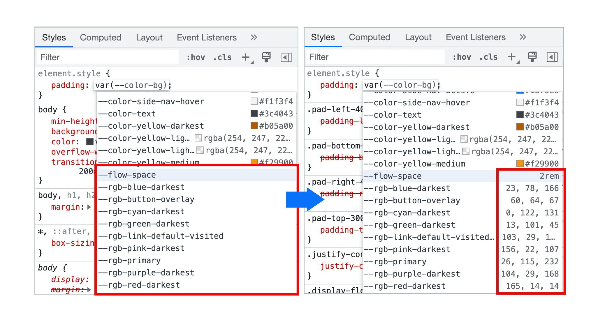 แสดงตัวอย่างค่าที่ไม่ใช่สีเมื่อป้อนตัวแปร CSS อัตโนมัติ