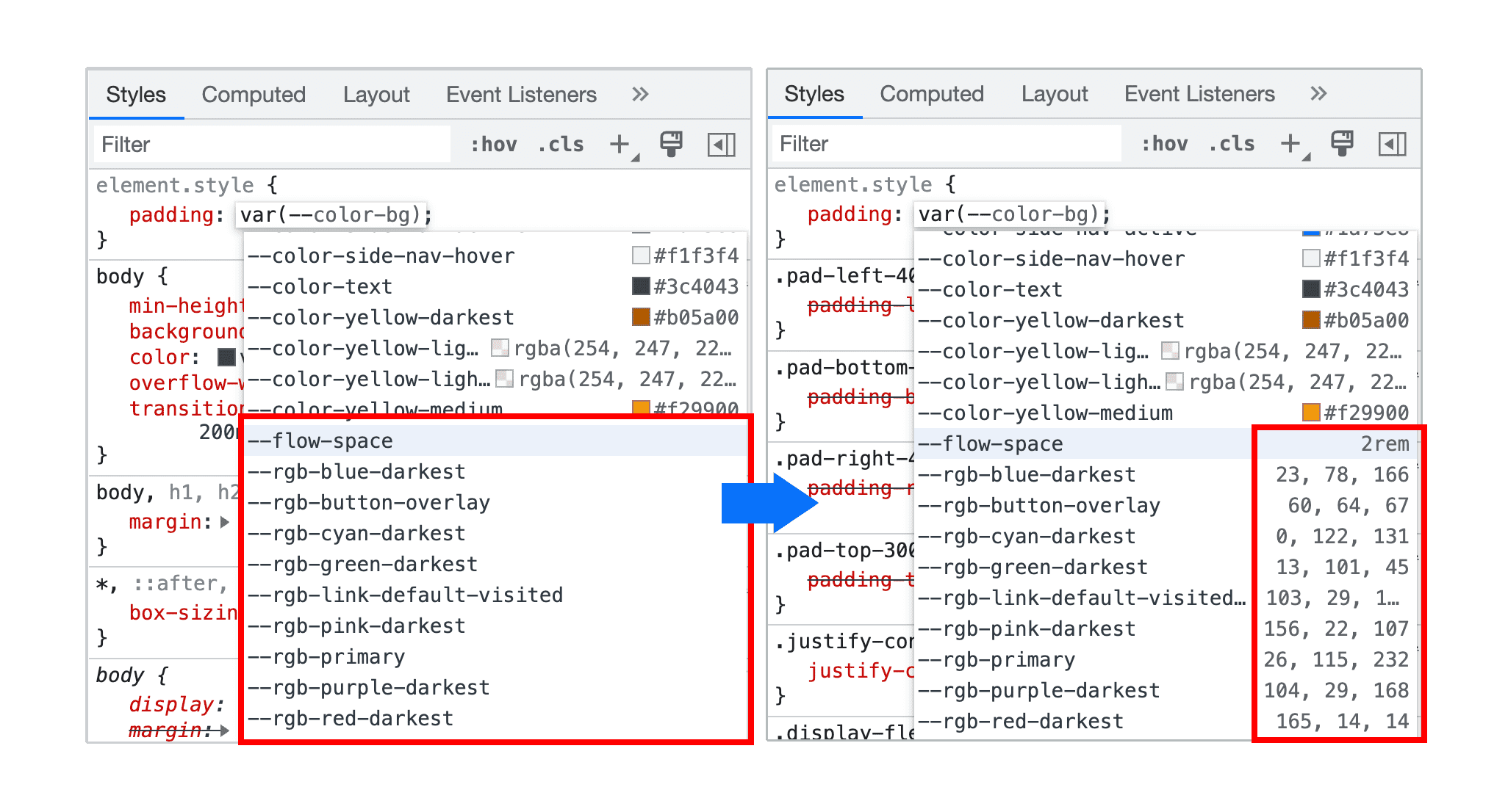 پیش نمایش مقدار غیر رنگی هنگام تکمیل خودکار متغیرهای CSS