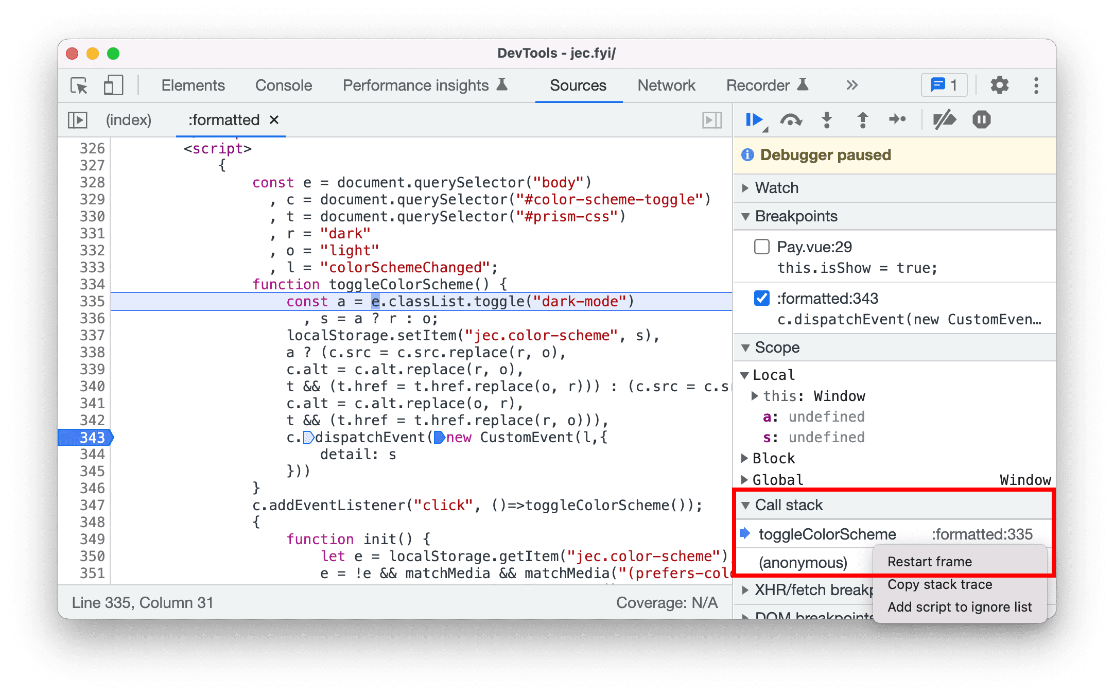 Restart frame during debugging