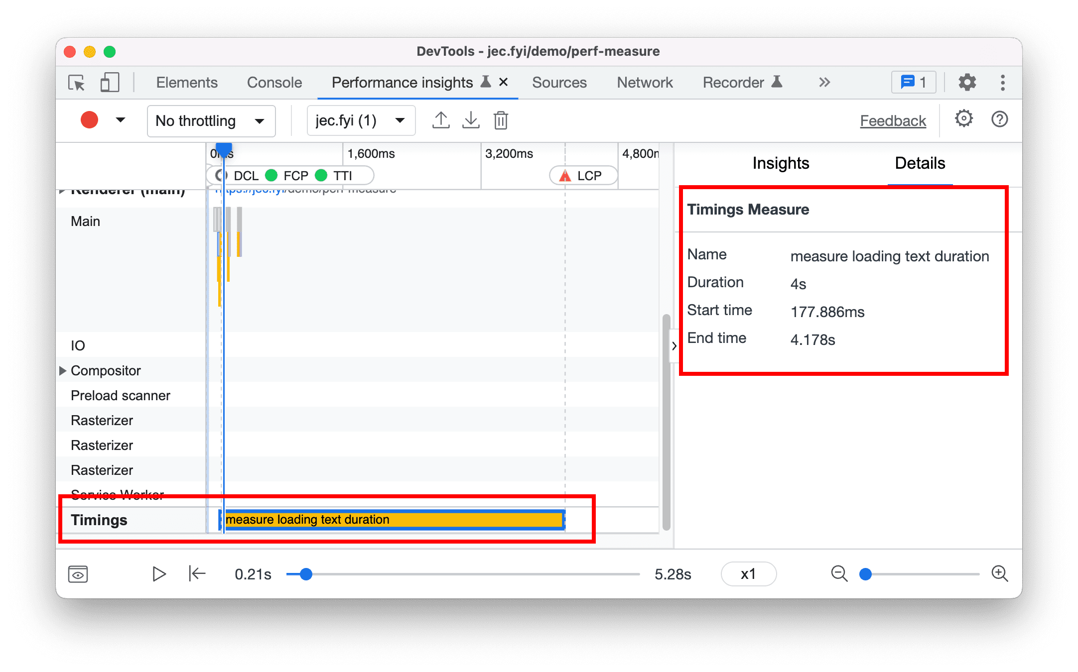 Rastreamento de Tempos do usuário no painel de insights de desempenho