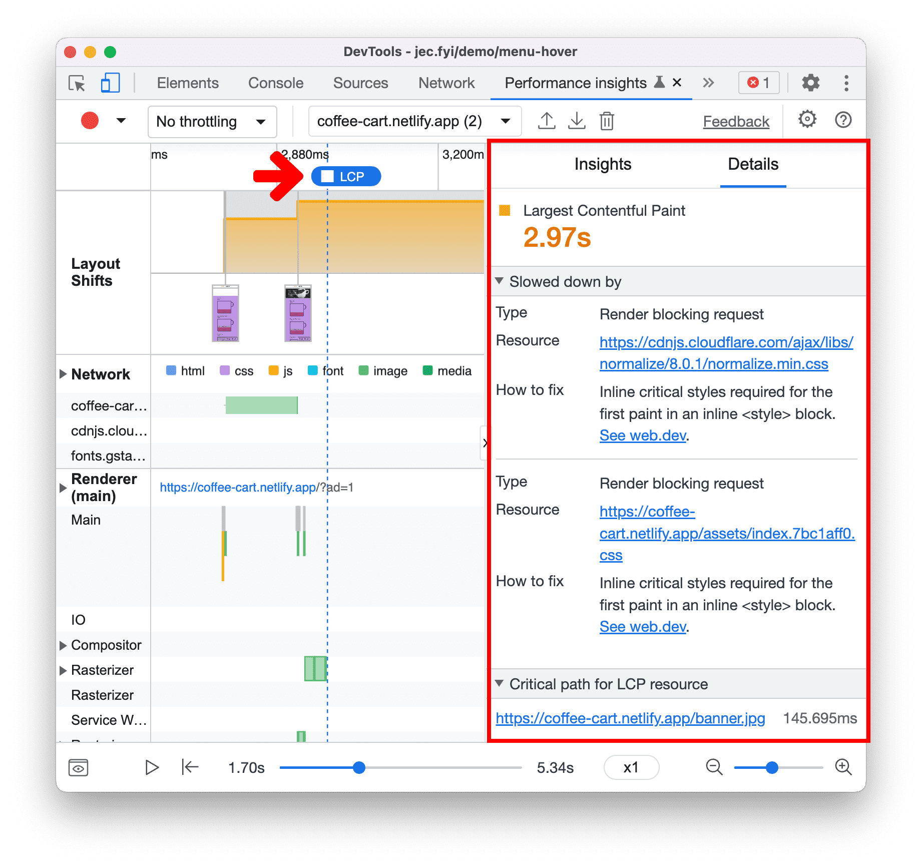 LCP in the Performance insights panel