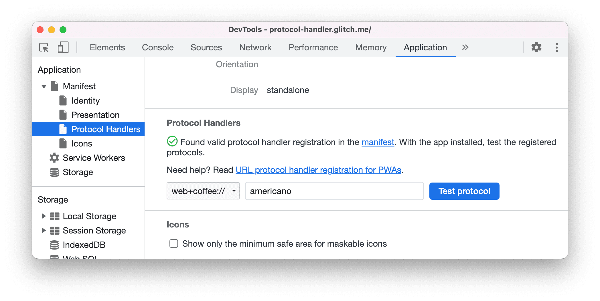 Обработчики протоколов на панели Манифест