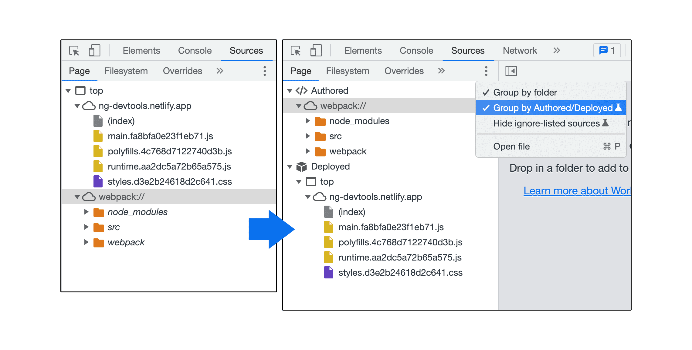 Mengelompokkan file menurut status Ditulis / Di-deploy