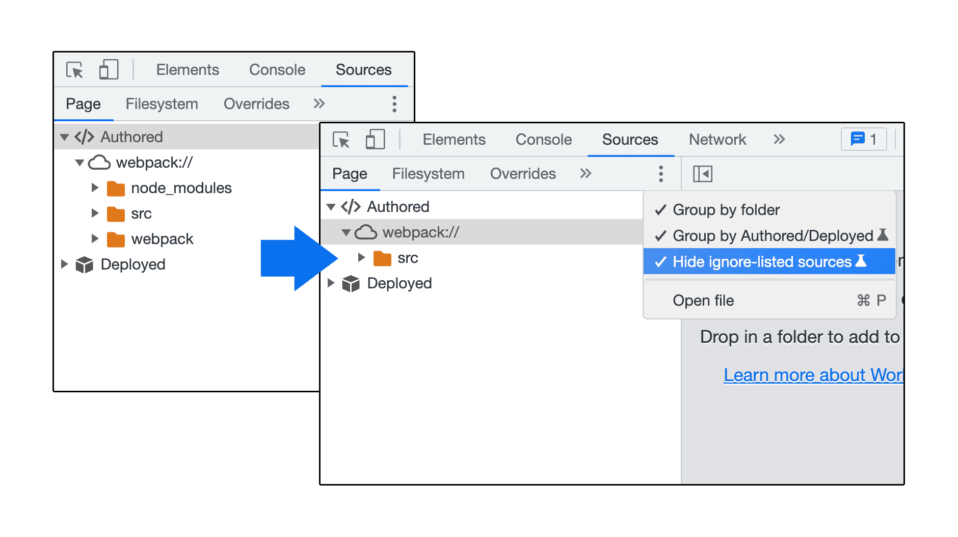 Hiding ignore-listed sources in the Sources panel