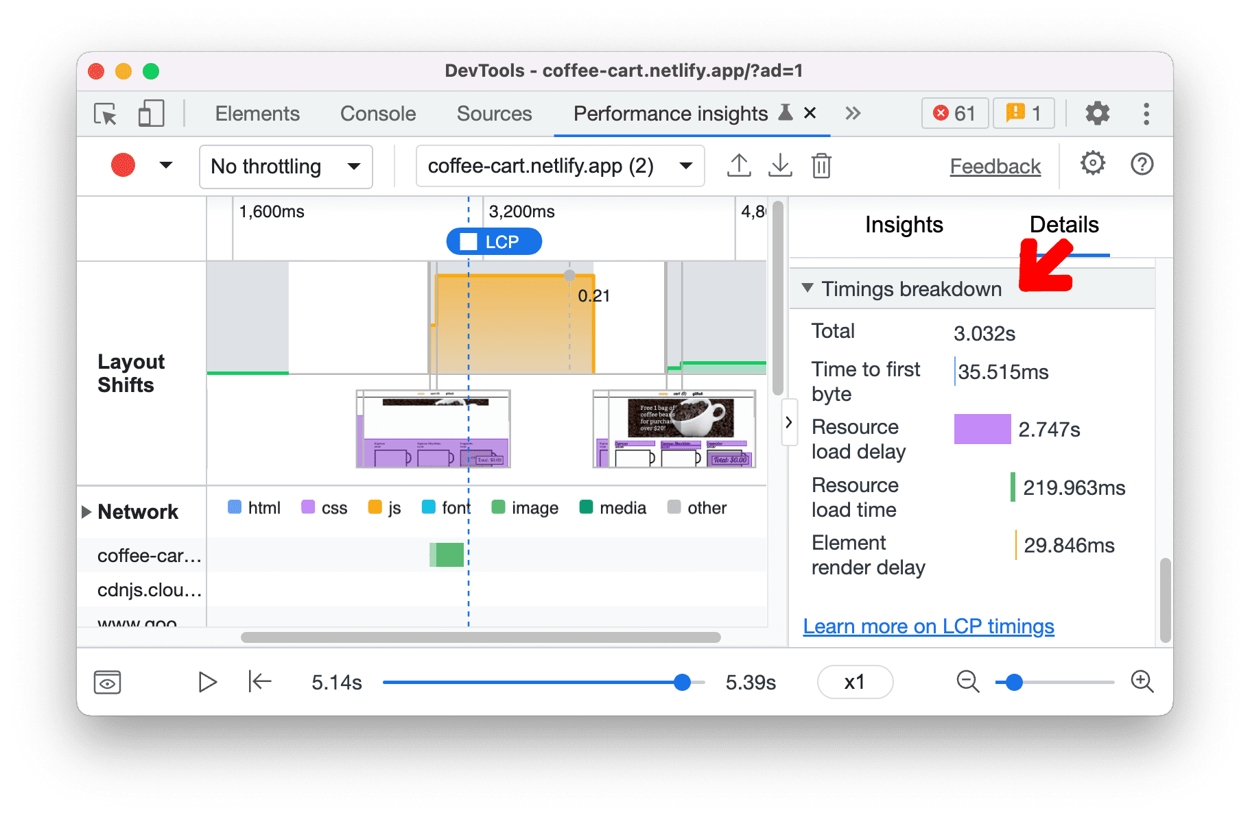 “Performance Insights”面板中的 LCP 时间明细