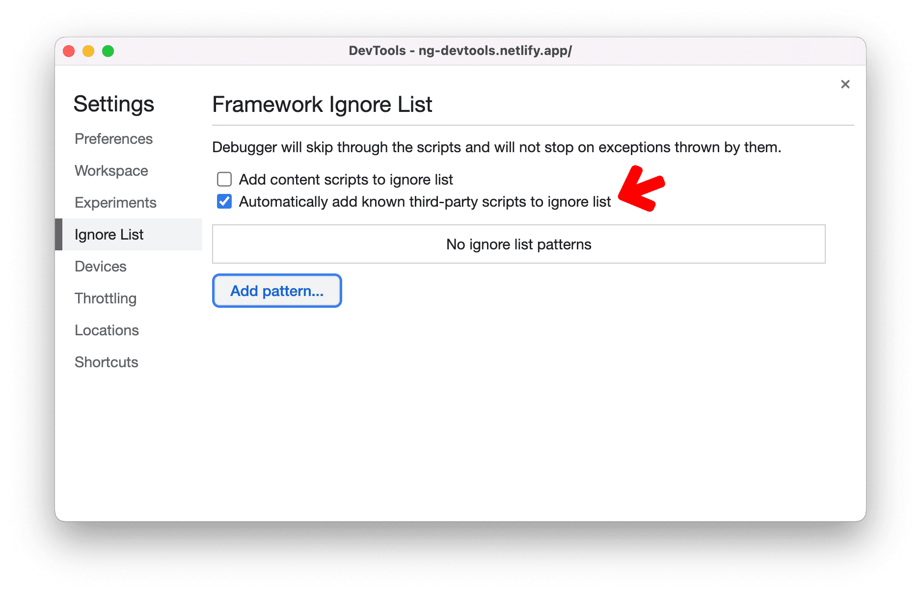 Configuración para agregar automáticamente secuencias de comandos de terceros conocidas a la lista de elementos ignorados