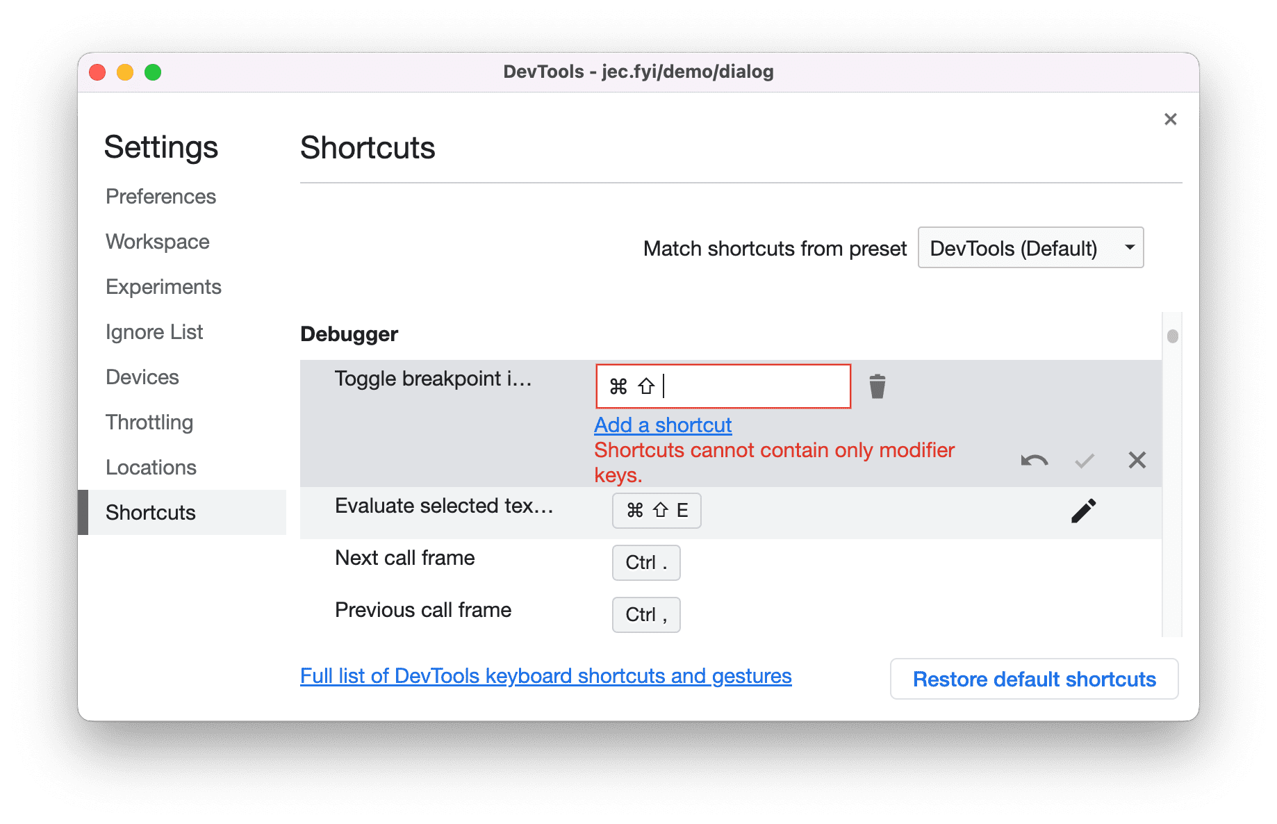 Pas sneltoetsen aan in DevTools.