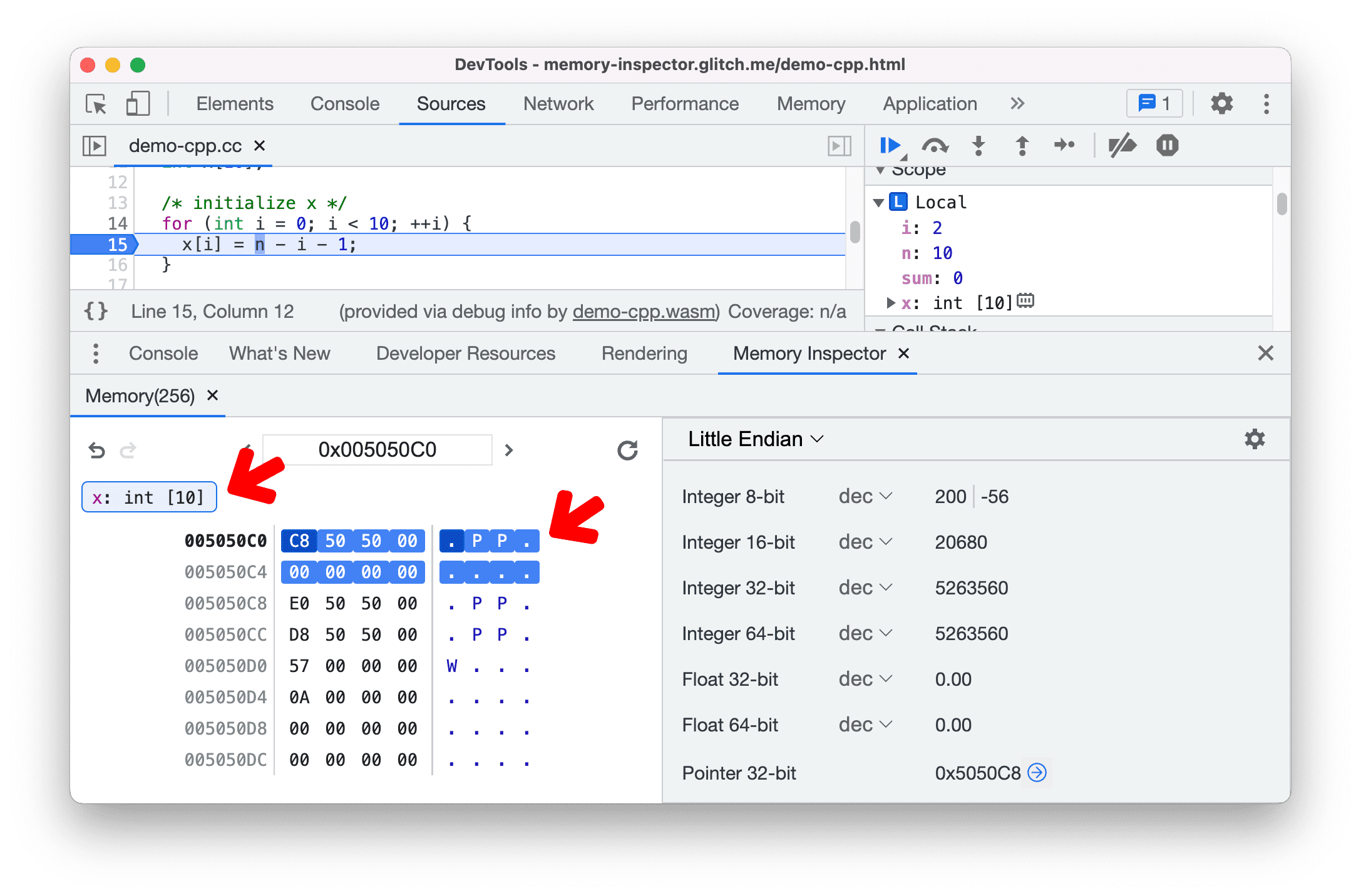 اشیاء C/C++ را در Memory Inspector برجسته کنید.