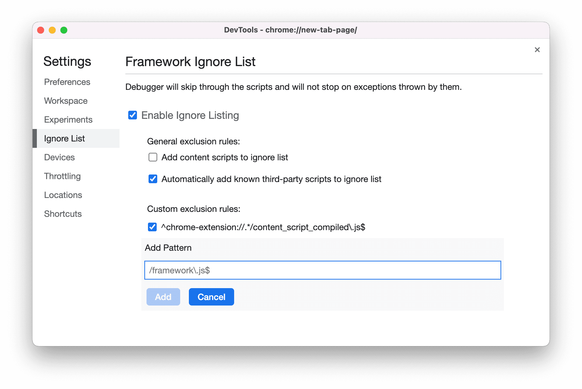 Onglet "Éléments à ignorer".