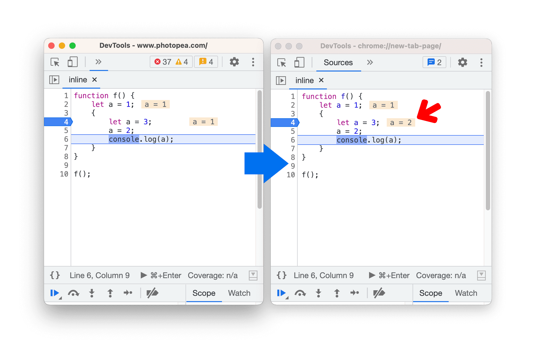 Vorher-Nachher-Vergleich in der Inline-Vorschau für die verschattete Variable anzeigen