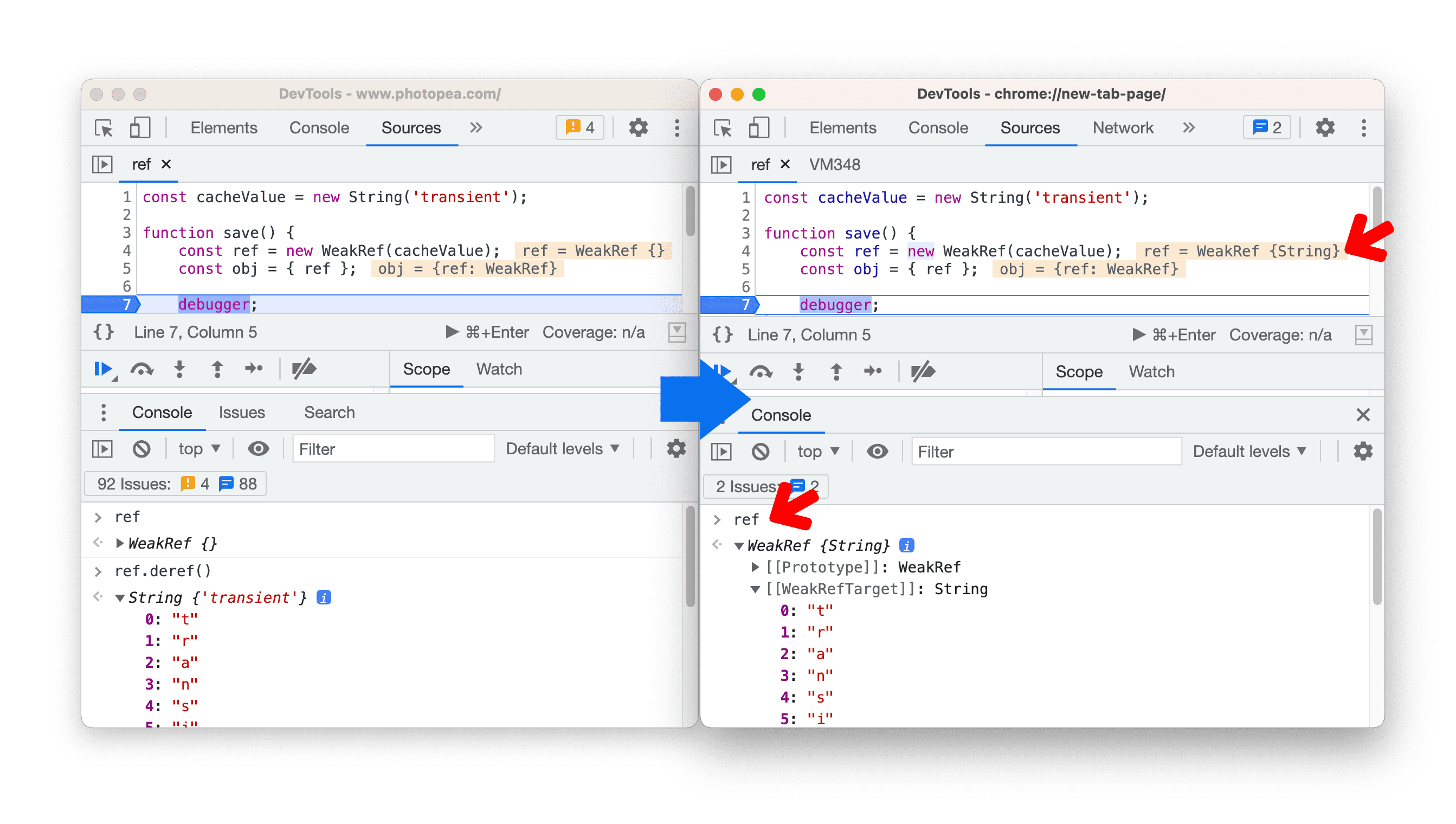 Tampilkan sebelum dan sesudah perbandingan evaluasi WeakRef selama proses debug.