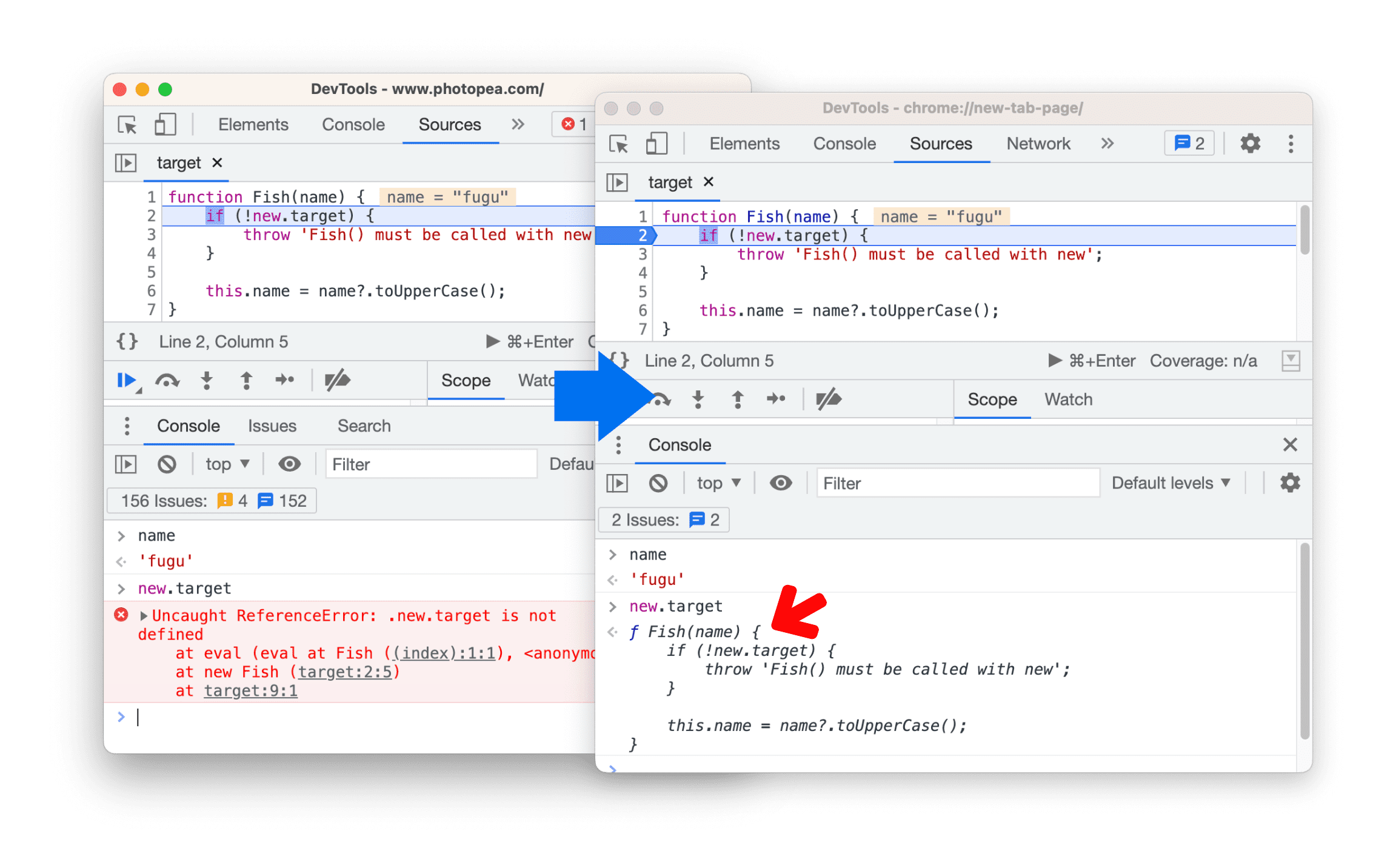 Show before and after comparison of new.target evaluation debugging.