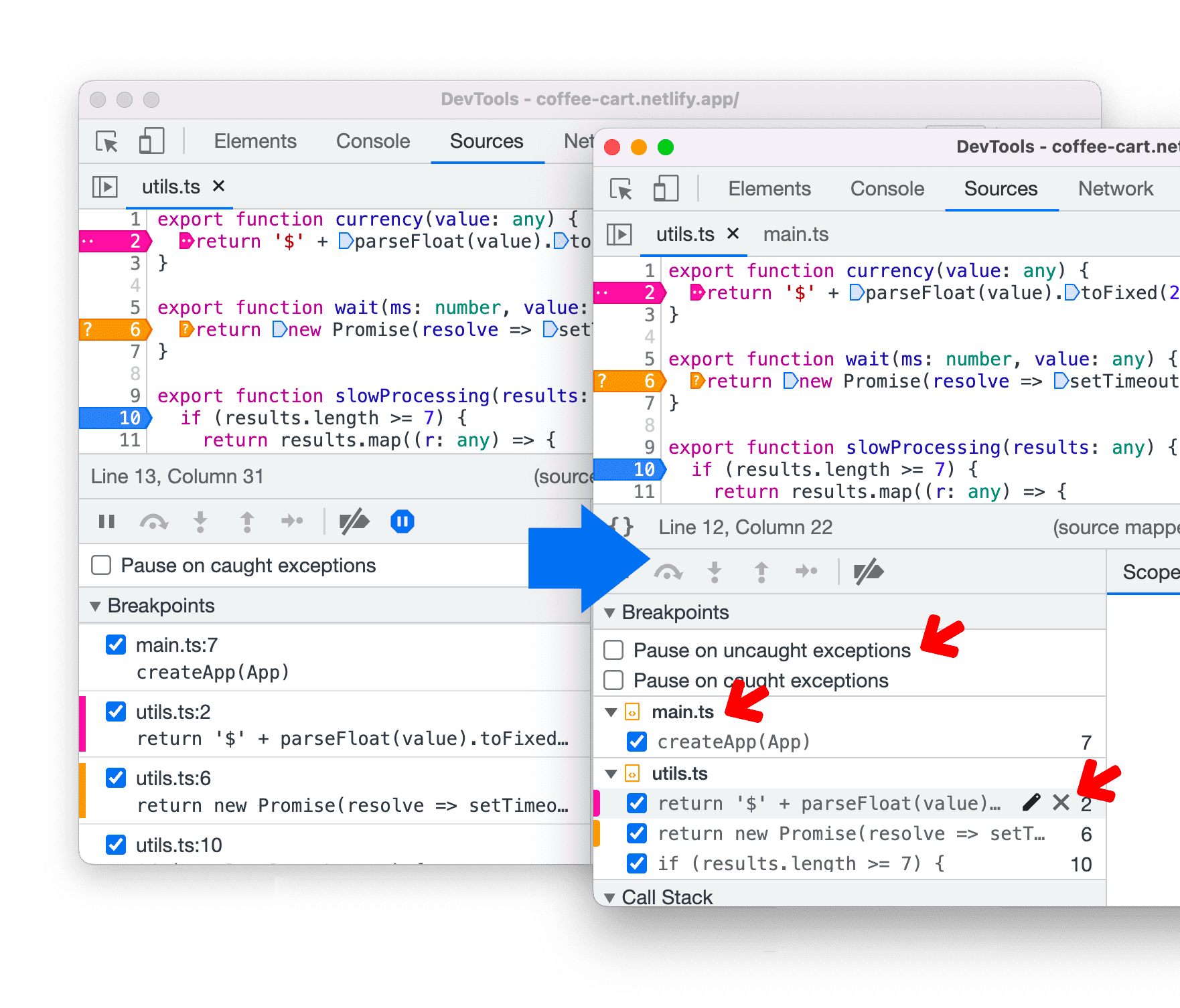 顯示重新設計前後的「Breakpoint」窗格。