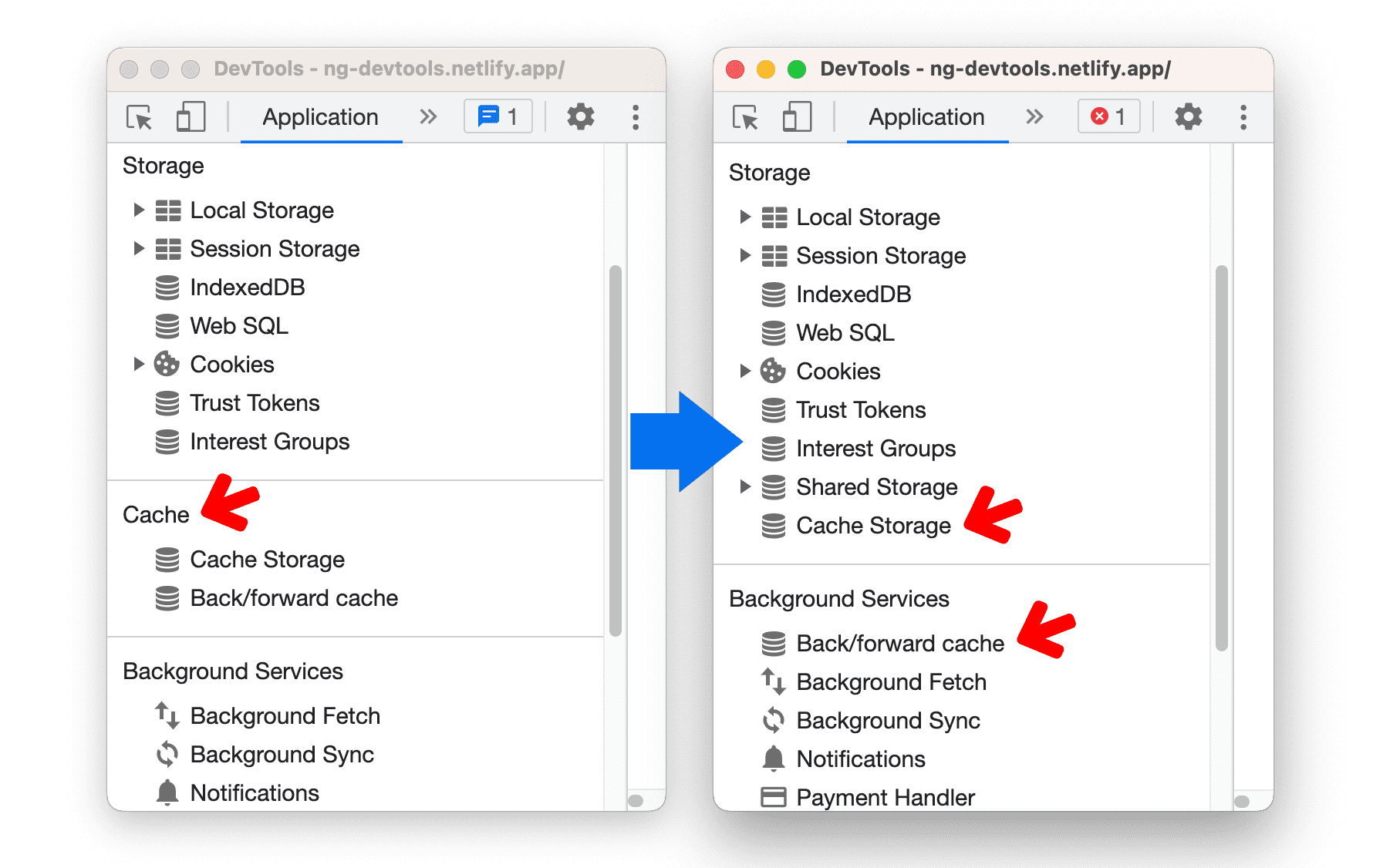 Caches in het applicatiepaneel.