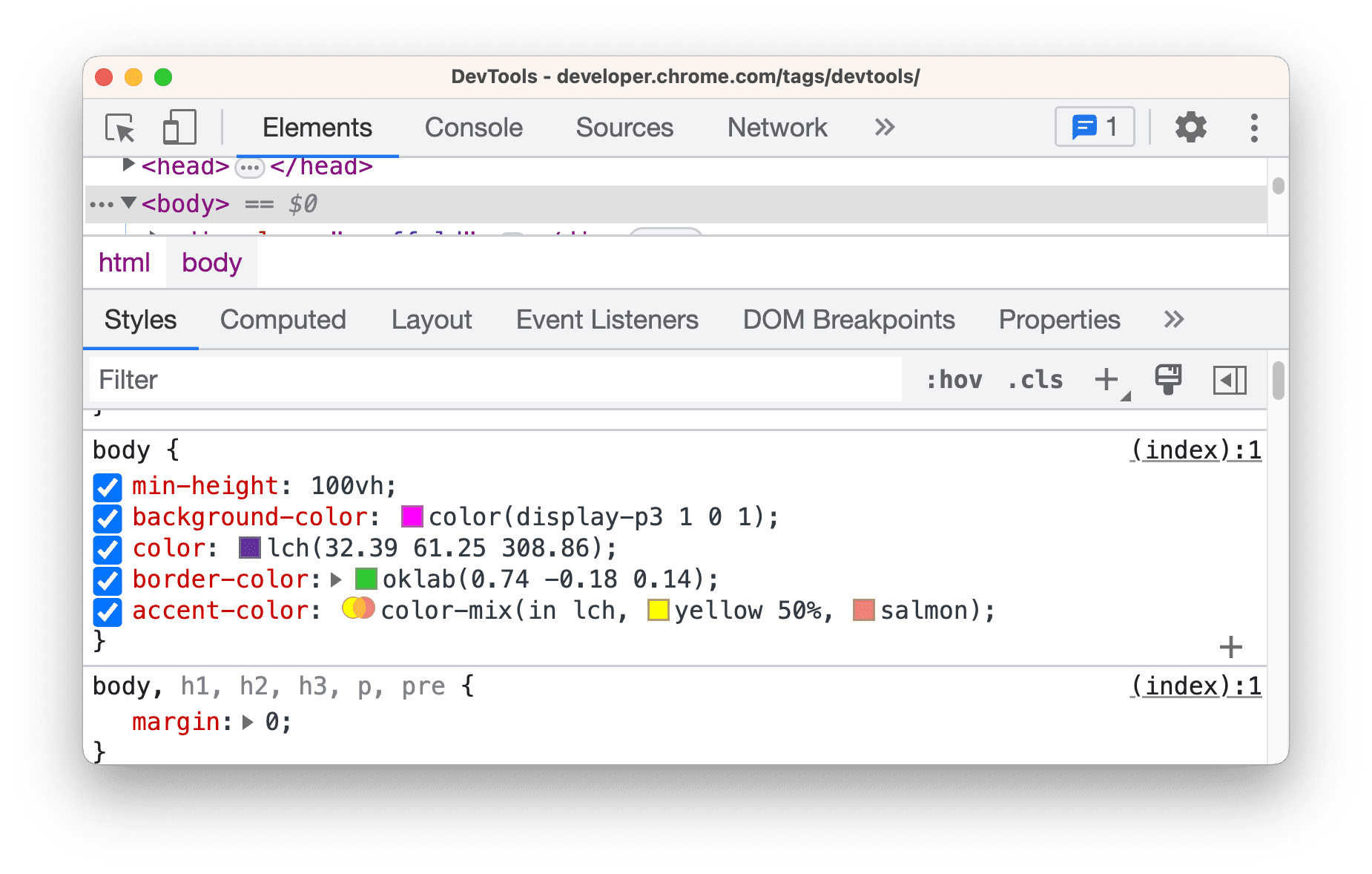 ตัวอย่างคำจำกัดความสี CSS