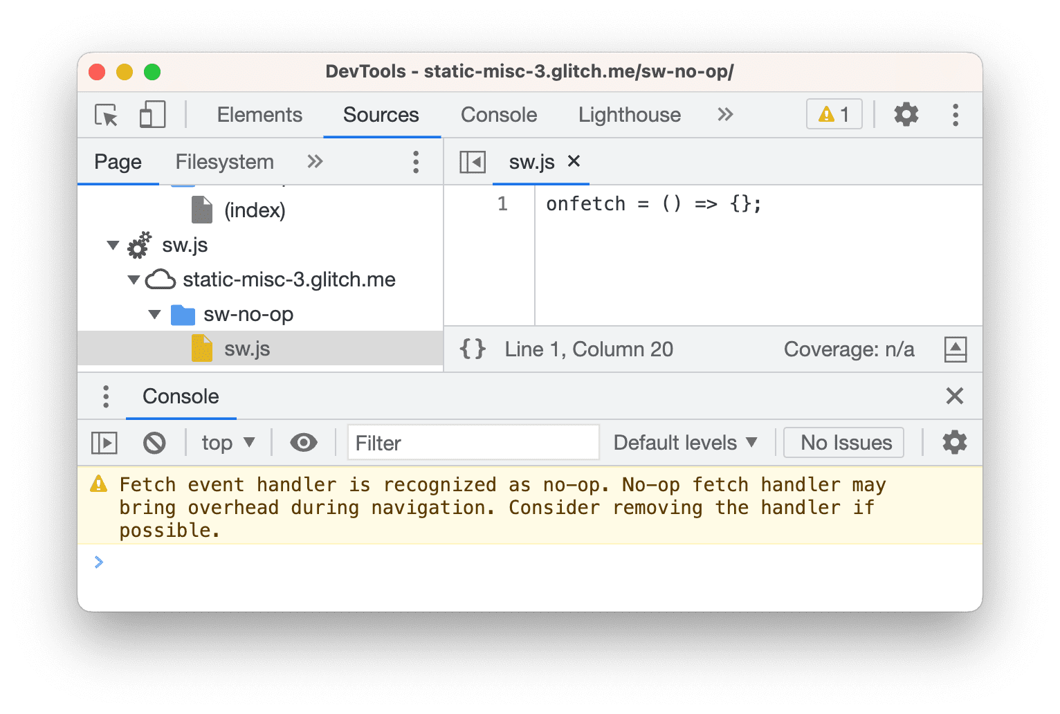 NoOps フェッチ ハンドラと、それに対応するコンソールの警告