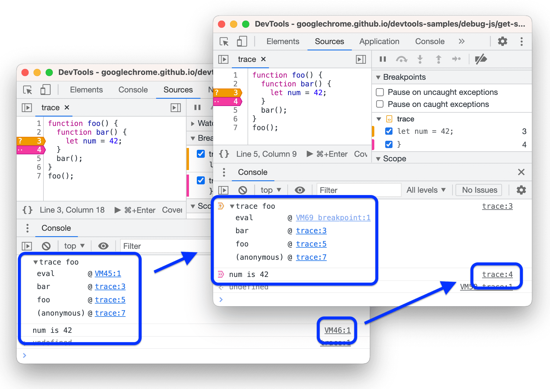 Modifiche alla modalità di visualizzazione dei messaggi attivati dai punti di interruzione nella console: con icone e link alla fonte appropriato.