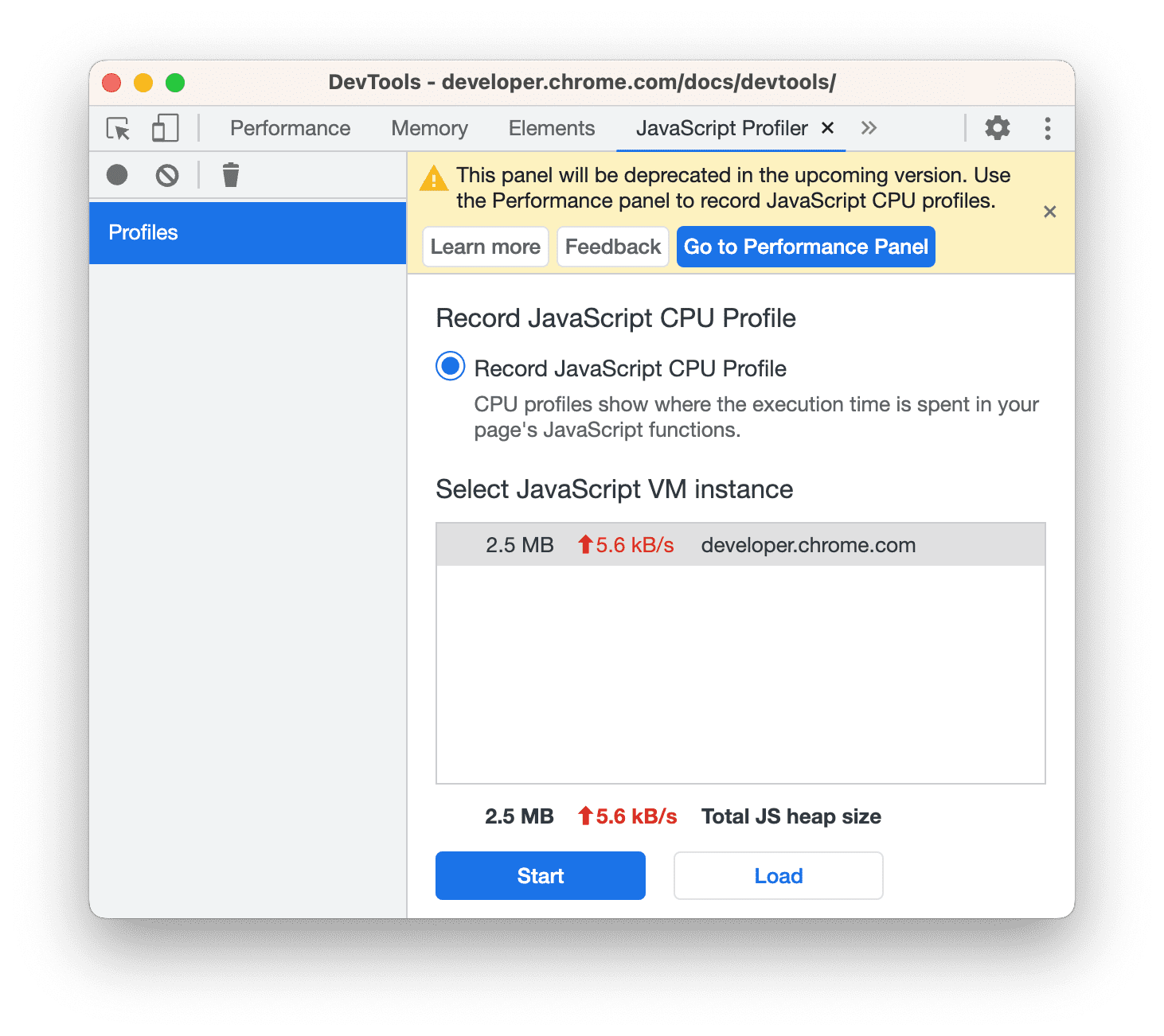 Profiler の上部にある非推奨バナー