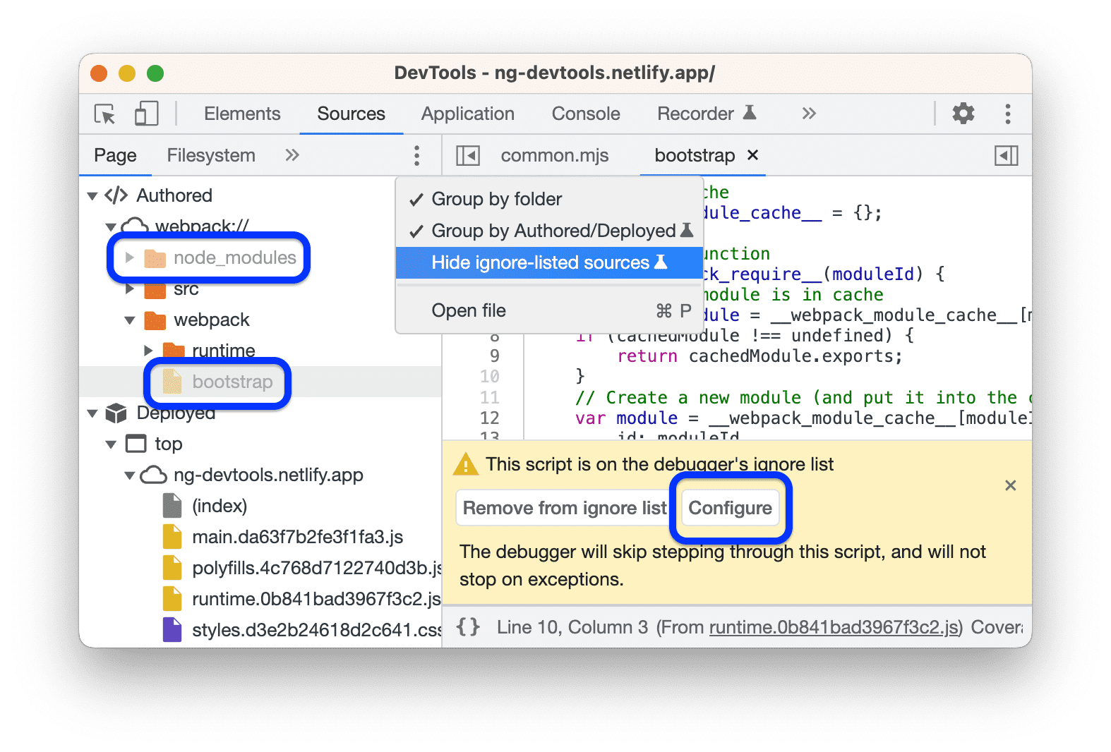 Skrip dan folder yang tercantum dalam daftar abaikan berwarna abu-abu. Anda dapat menyembunyikannya dengan opsi eksperimental di menu drop-down Opsi lainnya.