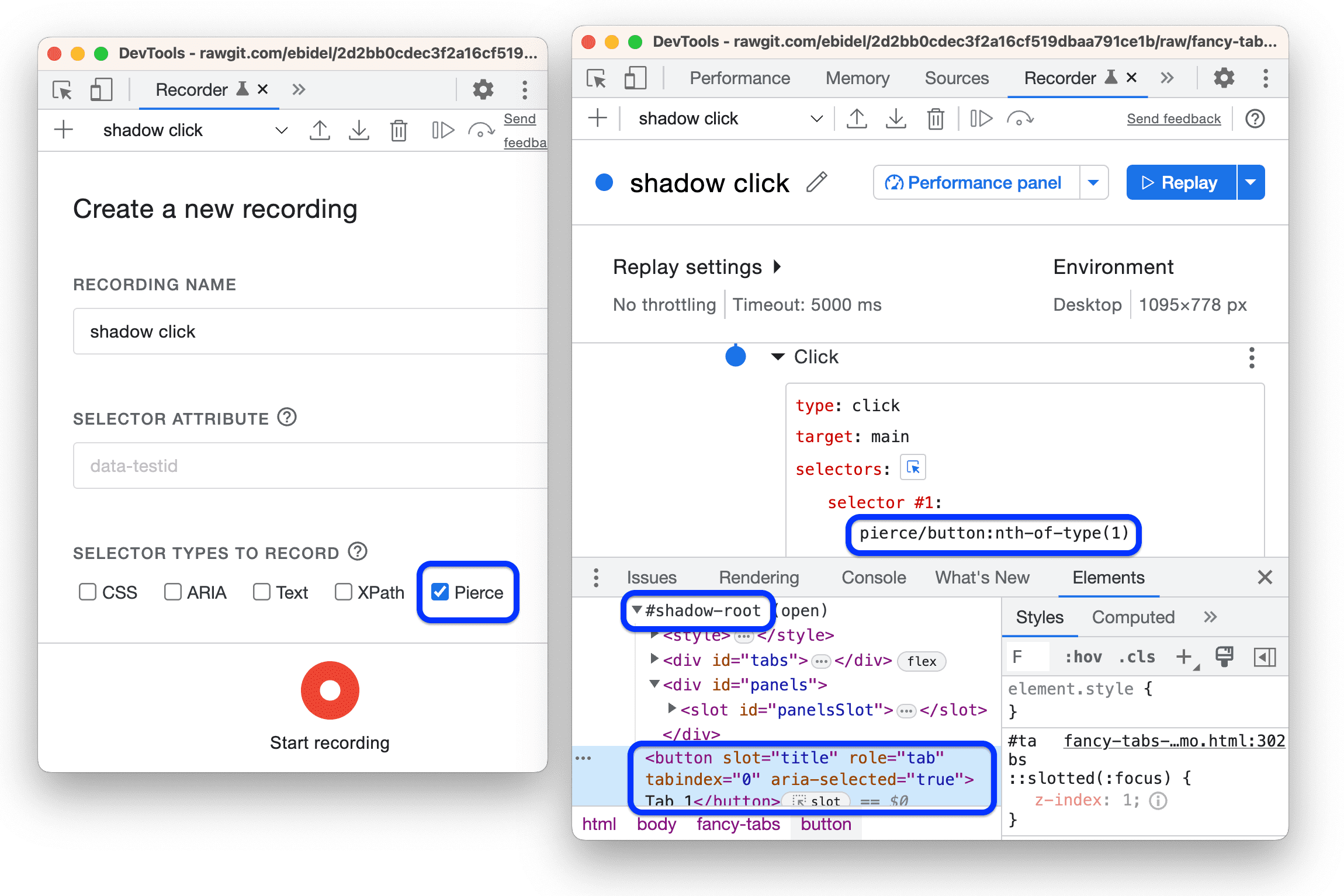 Configuration de l&#39;Enregistreur pour utiliser les sélecteurs de pierce, sélecteur de pierce en action